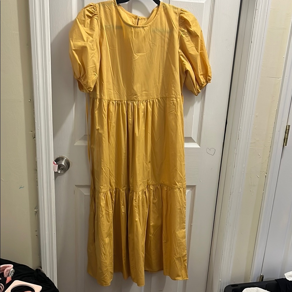 Yellow Puff Sleeve Midi Dress